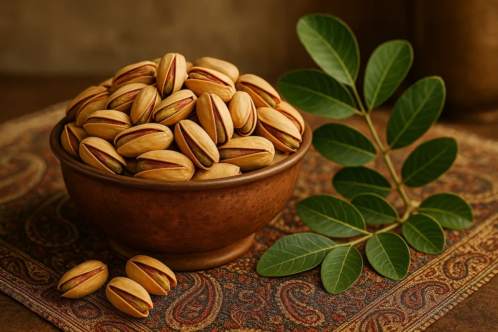 پسته اکبری لوکس ایرانی در ظرف مسی روی ترمه – آجیلی لوکس